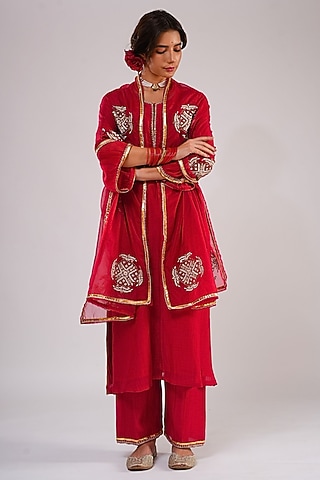 Deep Red Pure Silk Chanderi Machine Embroidered A-Line Kurta Set by KALAKARI BY AKANKSHA
