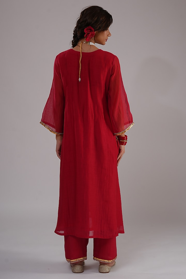Deep Red Pure Silk Chanderi Machine Embroidered A-Line Kurta Set by KALAKARI BY AKANKSHA at Pernia's Pop Up Shop