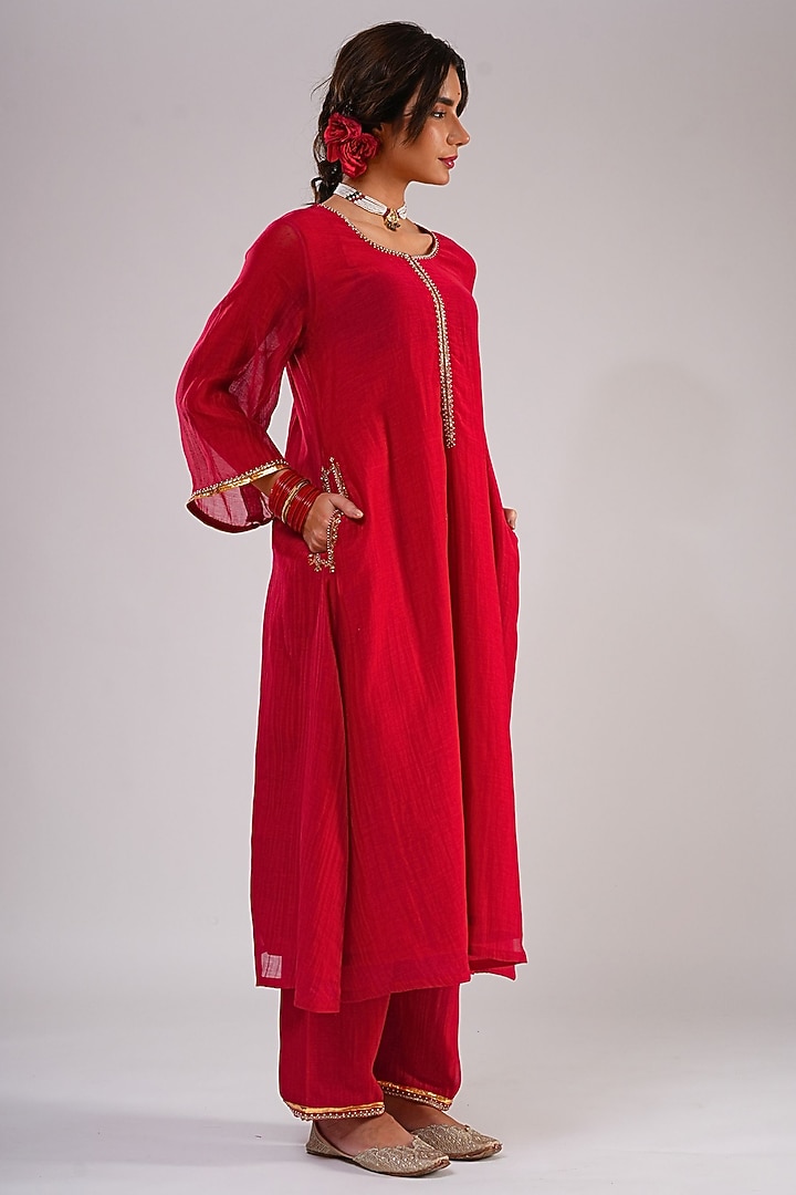 Deep Red Pure Silk Chanderi Machine Embroidered A-Line Kurta Set by KALAKARI BY AKANKSHA at Pernia's Pop Up Shop