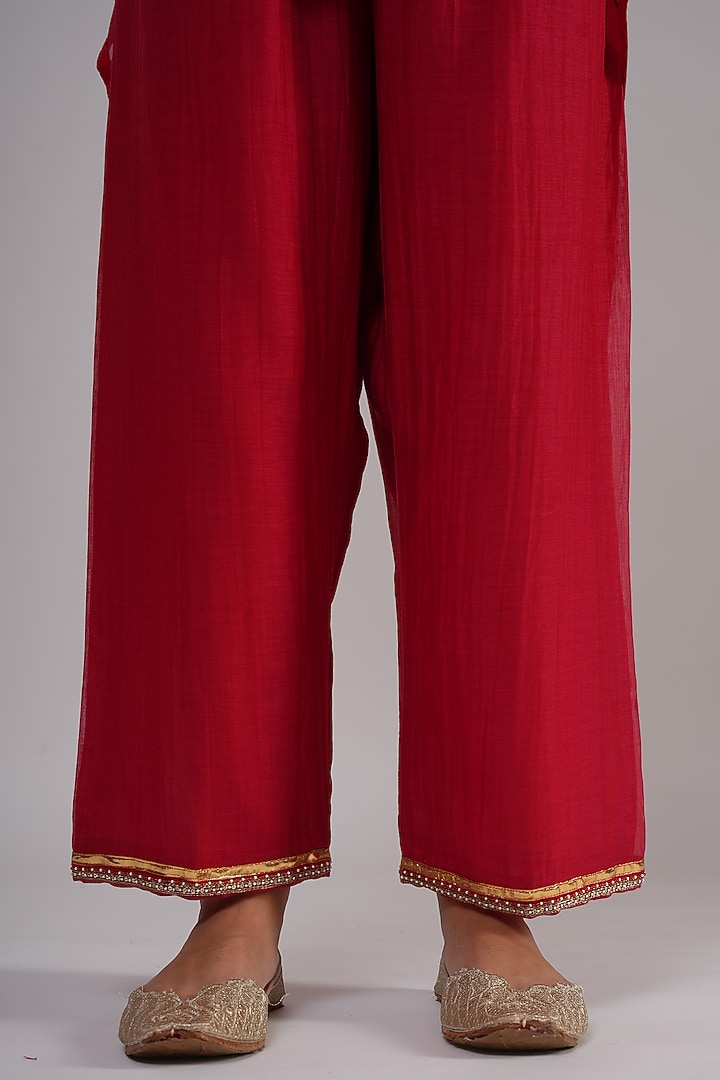 Deep Red Pure Silk Chanderi Machine Embroidered A-Line Kurta Set by KALAKARI BY AKANKSHA at Pernia's Pop Up Shop