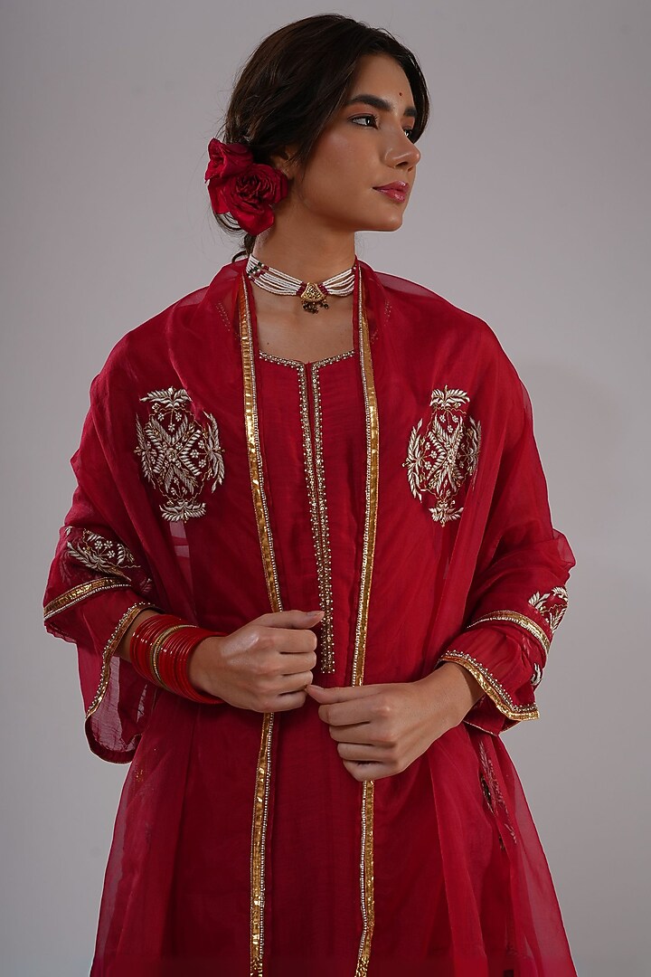 Deep Red Pure Silk Chanderi Machine Embroidered A-Line Kurta Set by KALAKARI BY AKANKSHA at Pernia's Pop Up Shop