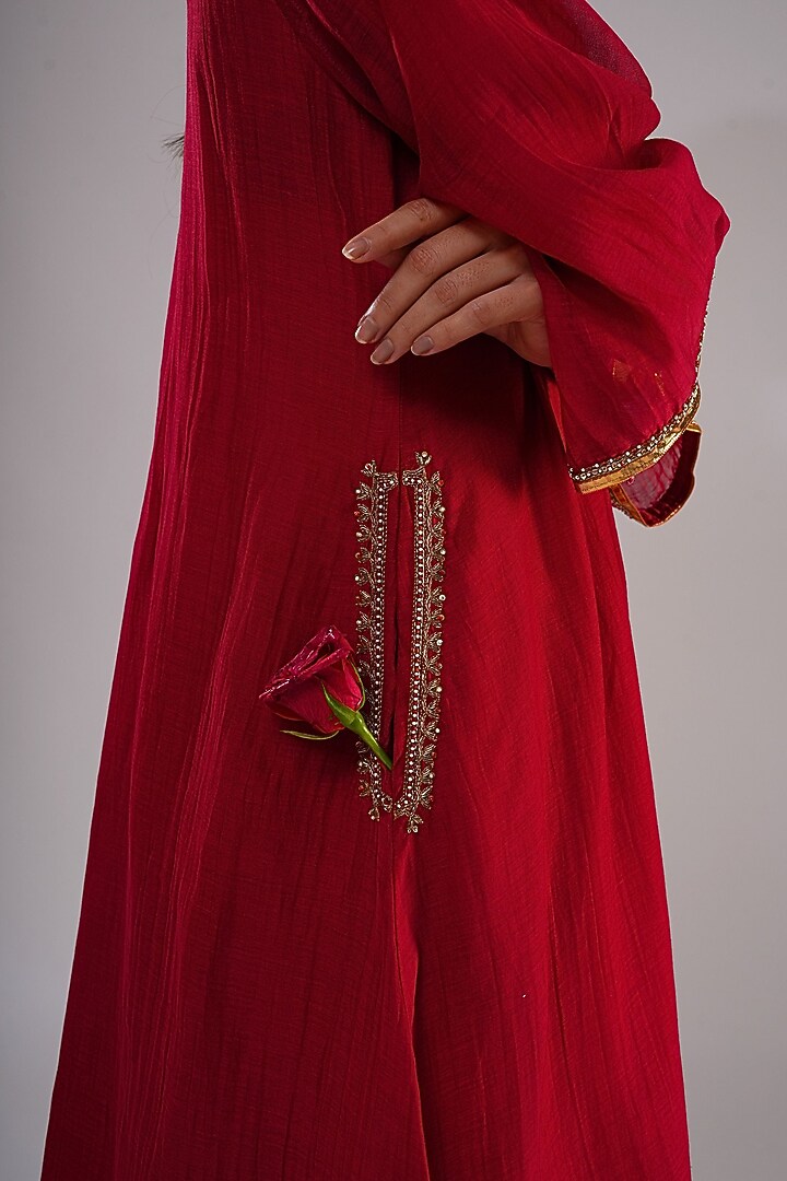 Deep Red Pure Silk Chanderi Machine Embroidered A-Line Kurta Set by KALAKARI BY AKANKSHA at Pernia's Pop Up Shop