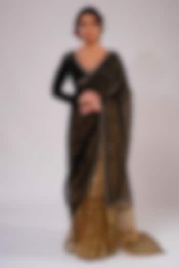Black & Gold Silk Organza Tissue Hand Embroidered Party Wear Saree Set by KALAKARI BY AKANKSHA at Pernia's Pop Up Shop