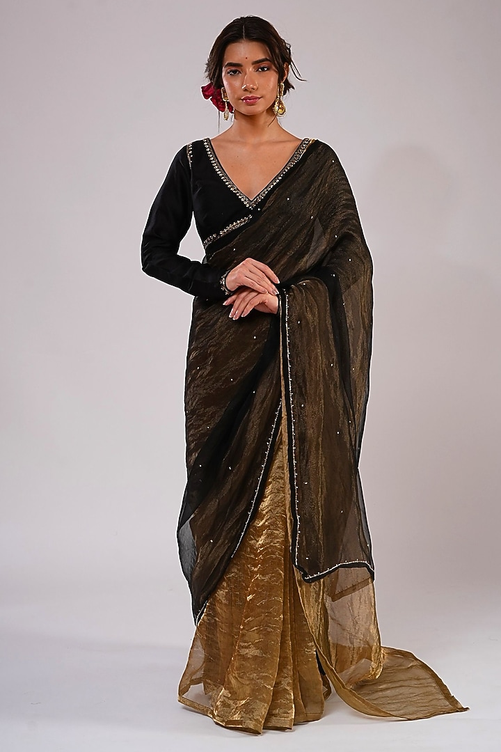 Black & Gold Silk Organza Tissue Hand Embroidered Party Wear Saree Set by KALAKARI BY AKANKSHA at Pernia's Pop Up Shop