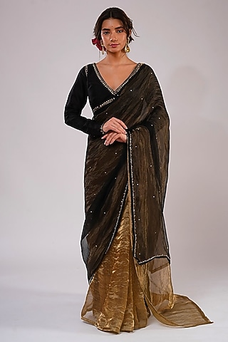 Black & Gold Silk Organza Tissue Hand Embroidered Saree Set by KALAKARI BY AKANKSHA
