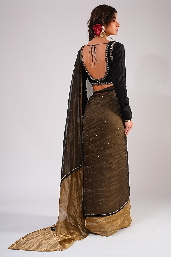 Black & Gold Silk Organza Tissue Hand Embroidered Party Wear Saree Set by KALAKARI BY AKANKSHA at Pernia's Pop Up Shop
