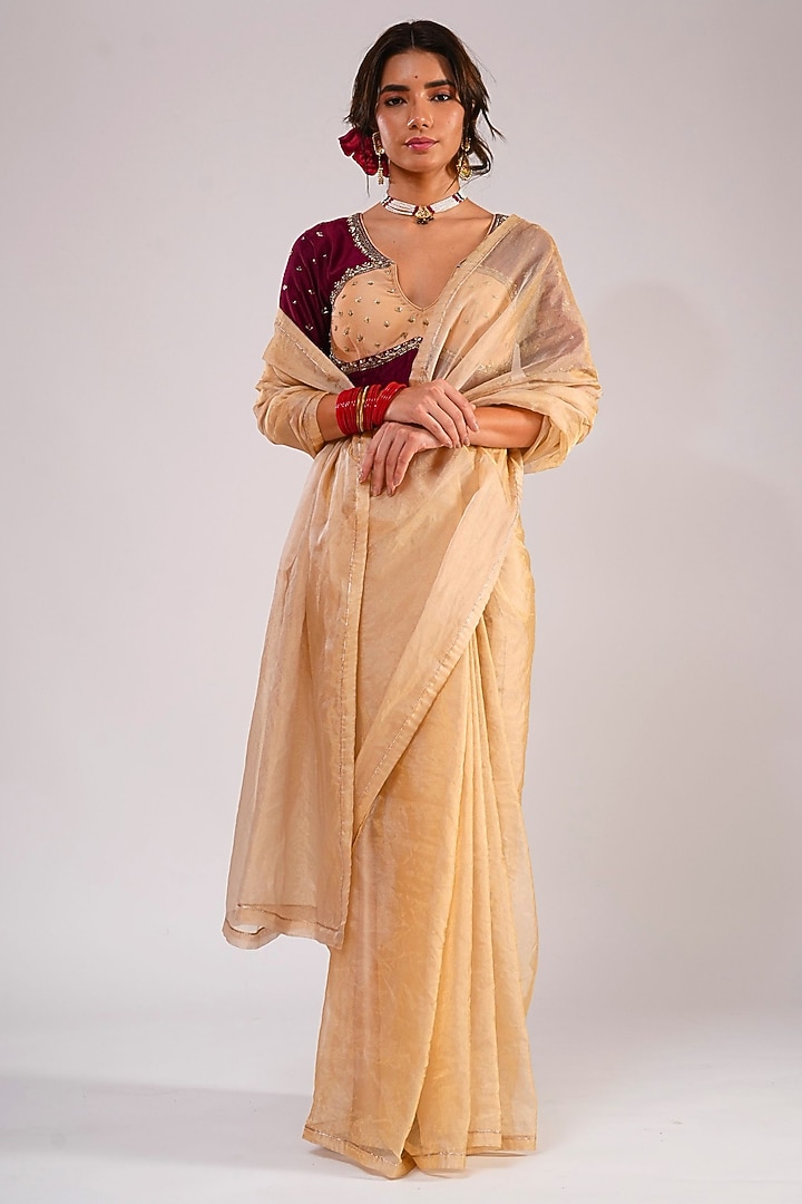 Gold Silk Organza Tissue Wedding Saree Set by KALAKARI BY AKANKSHA at Pernia's Pop Up Shop