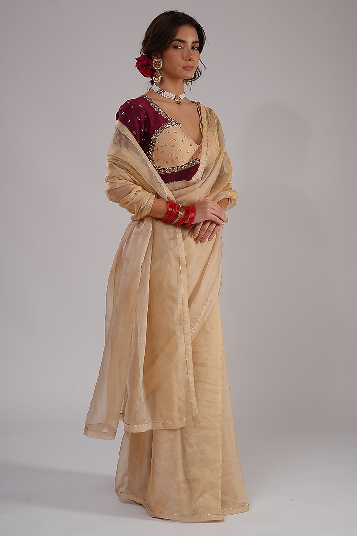 Gold Silk Organza Tissue Wedding Saree Set by KALAKARI BY AKANKSHA at Pernia's Pop Up Shop