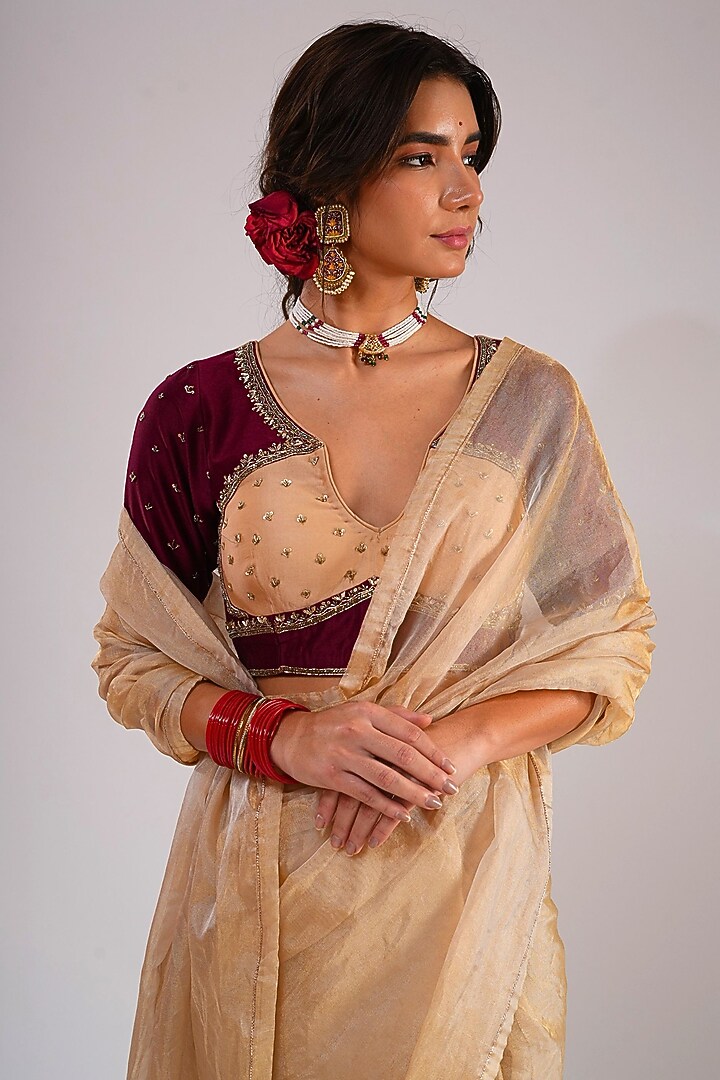 Gold Silk Organza Tissue Wedding Saree Set by KALAKARI BY AKANKSHA at Pernia's Pop Up Shop