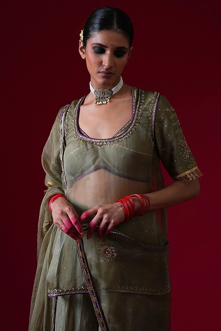 Grey Silk Chanderi Party Wear Sharara Set by KALAKARI BY AKANKSHA at Pernia's Pop Up Shop