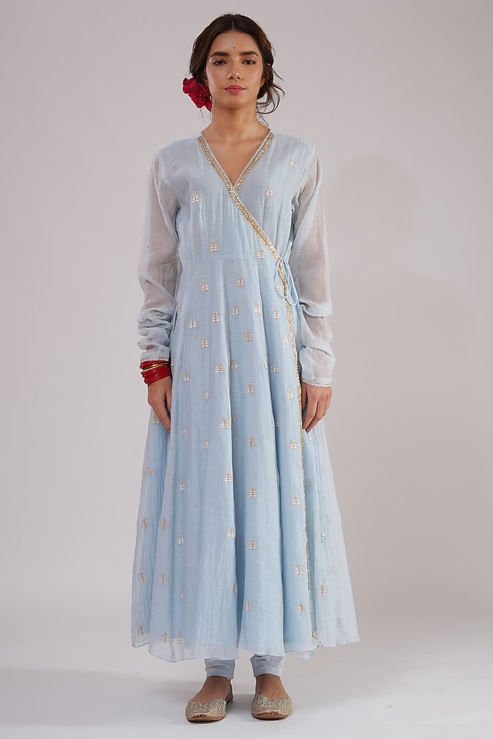 Blue Pure Cotton Party Wear Anarkali Set by KALAKARI BY AKANKSHA at Pernia's Pop Up Shop