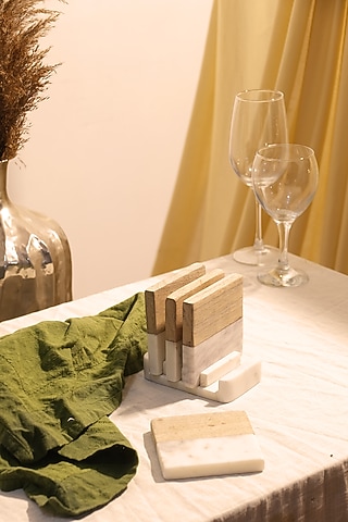 White Marble & Wood Coaster Set by Kaksh studio