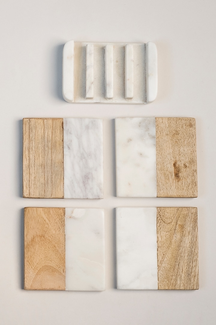White Marble & Wood Coaster Set by Kaksh studio at Pernia's Pop Up Shop