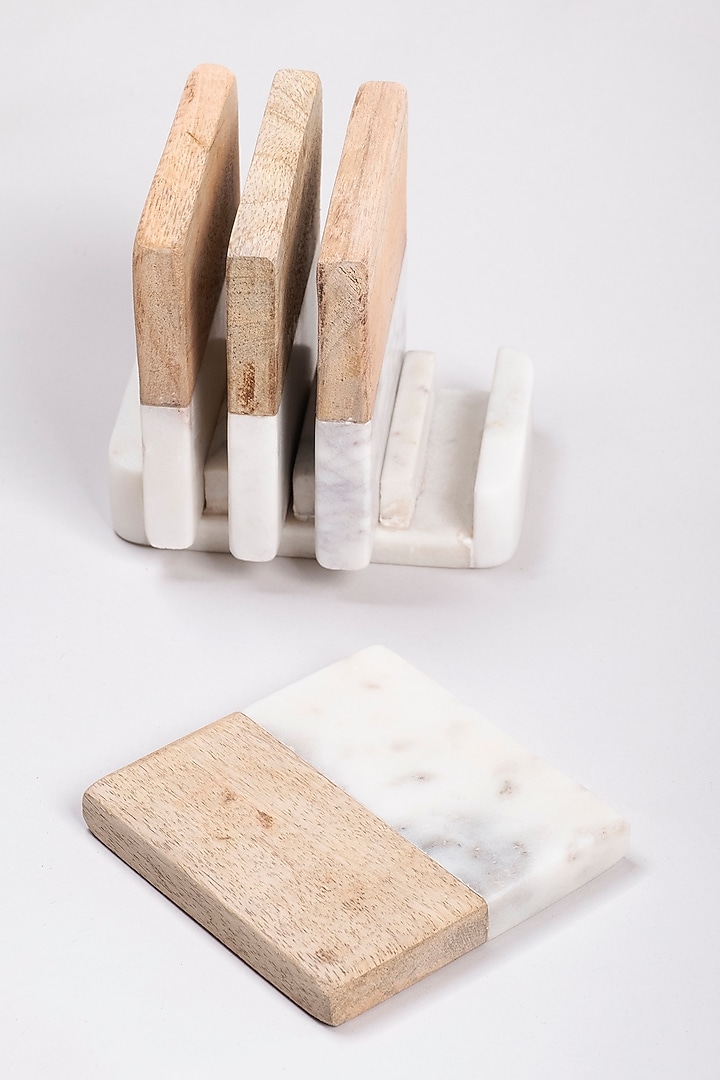 White Marble & Wood Coaster Set by Kaksh studio at Pernia's Pop Up Shop