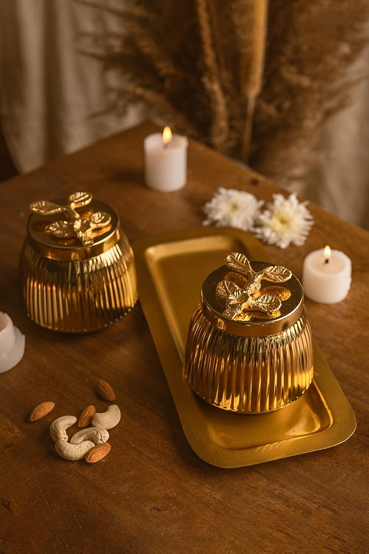 Gold Jar With Lid (Set of 2) by Kaksh studio at Pernia's Pop Up Shop