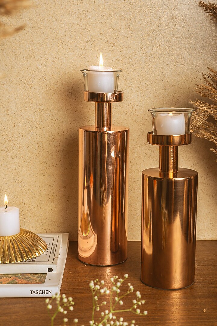 Rose Gold Copper Candle Stands (Set of 2) by Kaksh studio at Pernia's Pop Up Shop
