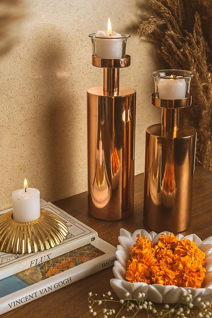 Rose Gold Copper Candle Stands (Set of 2) by Kaksh studio at Pernia's Pop Up Shop