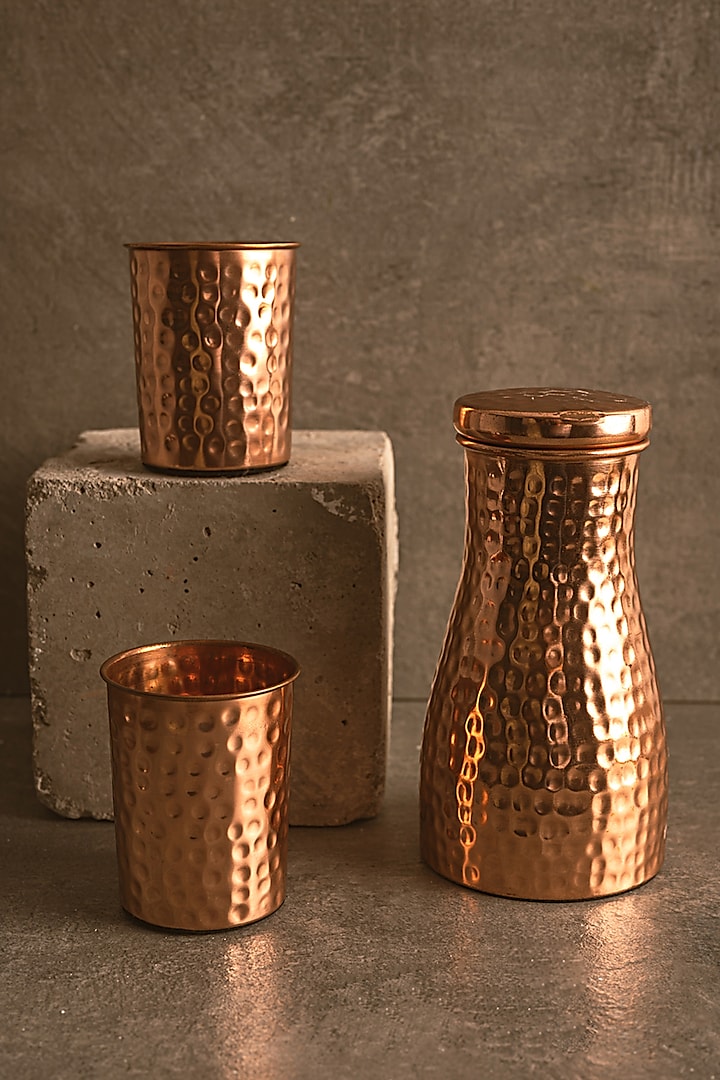 Gold Copper Jug Set (Set of 3) by Kaksh studio
