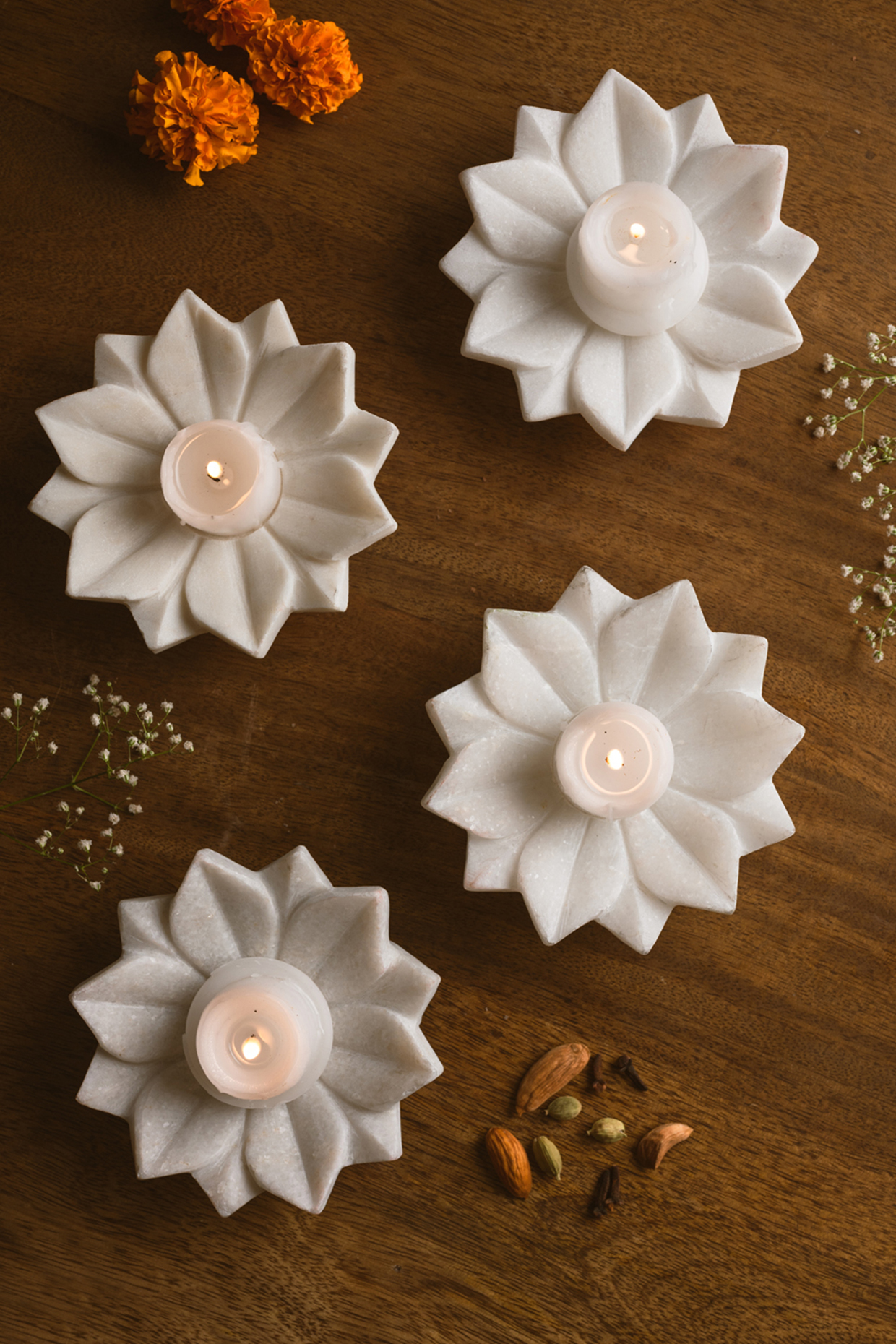 White Marble Floral Tea Light Holder by Kaksh studio at Pernia's Pop Up Shop