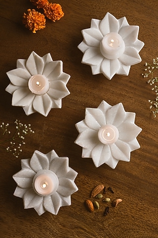 White Marble Floral Tea Light Holder by Kaksh studio