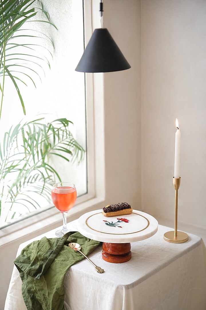 White Marble Inlay Printed Cake Stand by Kaksh studio at Pernia's Pop Up Shop