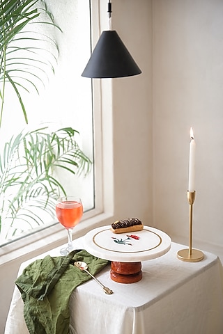White Marble Inlay Printed Cake Stand by Kaksh studio