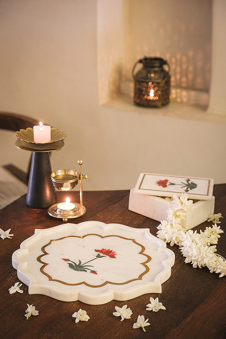White Marble Inlay Printed Platter by Kaksh studio at Pernia's Pop Up Shop