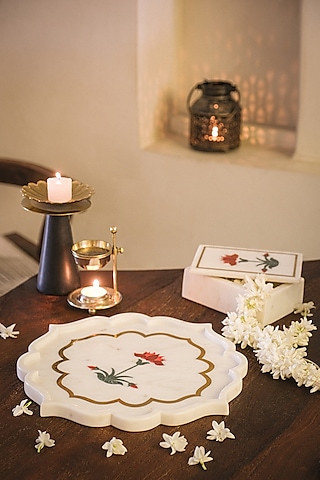 White Marble Inlay Printed Platter by Kaksh studio