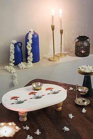 White Marble Inlay Printed Cheese Platter by Kaksh studio