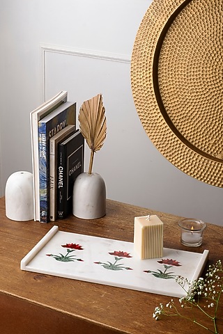 White Marble Inlay Printed Tray by Kaksh studio