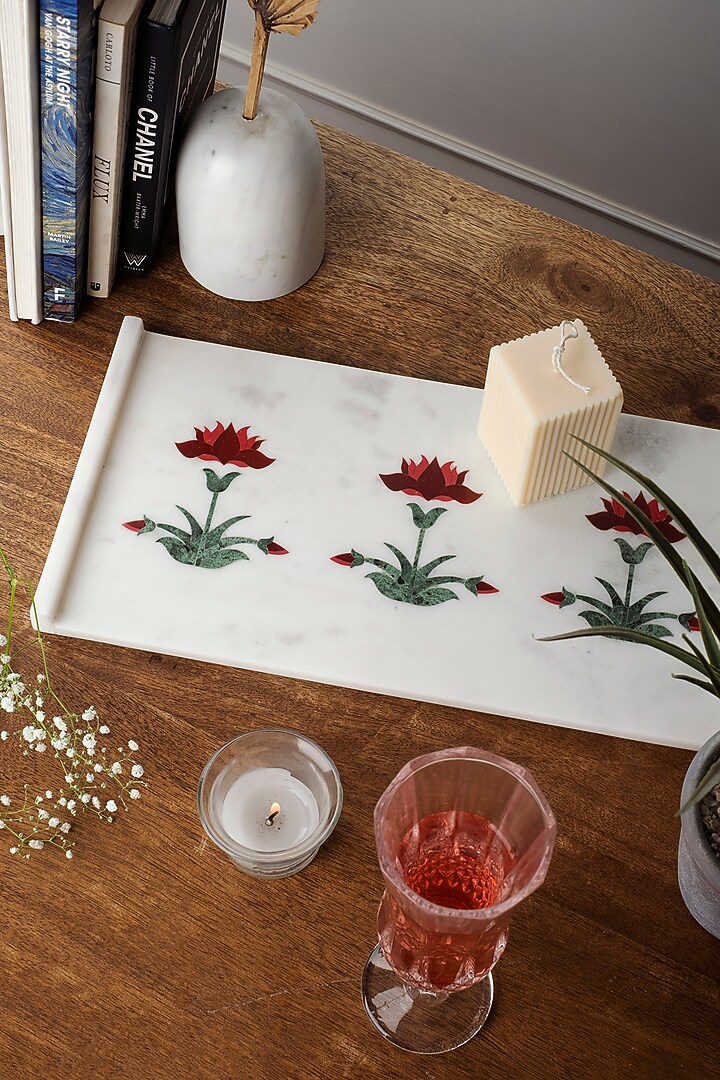 Printed Color Inlay White Marble Inlay Printed Tray by Kaksh studio at Pernia's Pop Up Shop ...