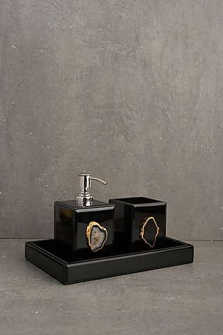 Black Glass & Agate Serveware Set (Set of 3) by Kaksh studio