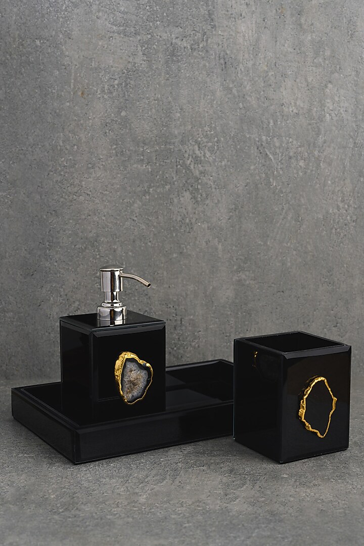 Black Glass & Agate Serveware Set (Set of 3) by Kaksh studio at Pernia's Pop Up Shop