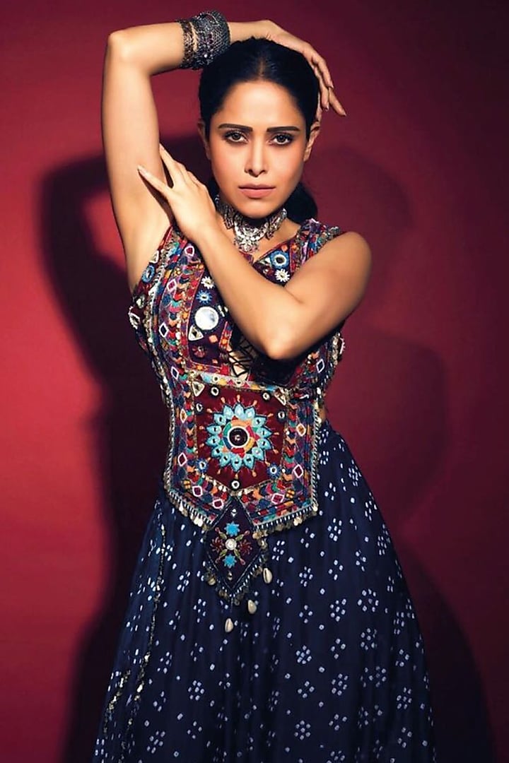 Indigo Blue Hand Embroidered Draped Dhoti Skirt Set by Karishma Khanduja Bareilley at Pernia's Pop Up Shop