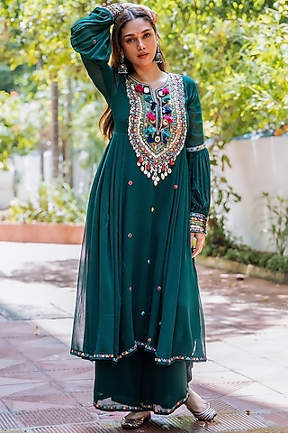Green Georgette Embroidered Pleated Anarkali Set by Karishma Khanduja Bareilley