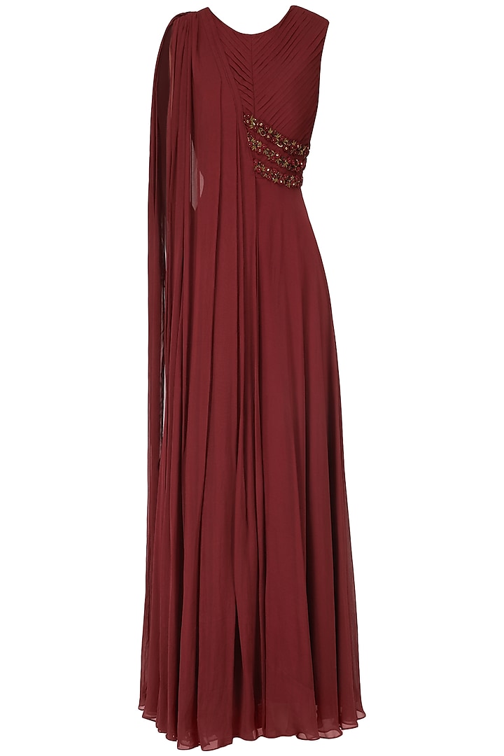 Maroon embroidered drape gown anarkali available only at Pernia's Pop Up Shop.