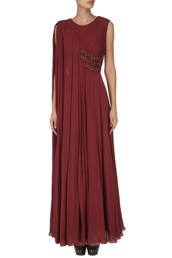 Maroon embroidered drape gown anarkali available only at Pernia's Pop Up Shop.