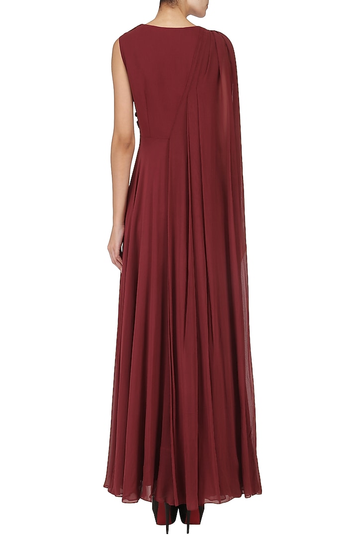 Maroon embroidered drape gown anarkali available only at Pernia's Pop Up Shop.