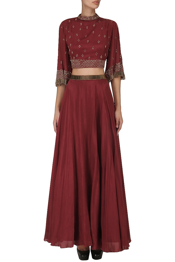 Maroon embroidered crop top with flared skirt available only at Pernia's Pop Up Shop.