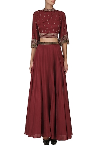 Maroon Embroidered Crop Top with Flared Skirt  by Kakandora