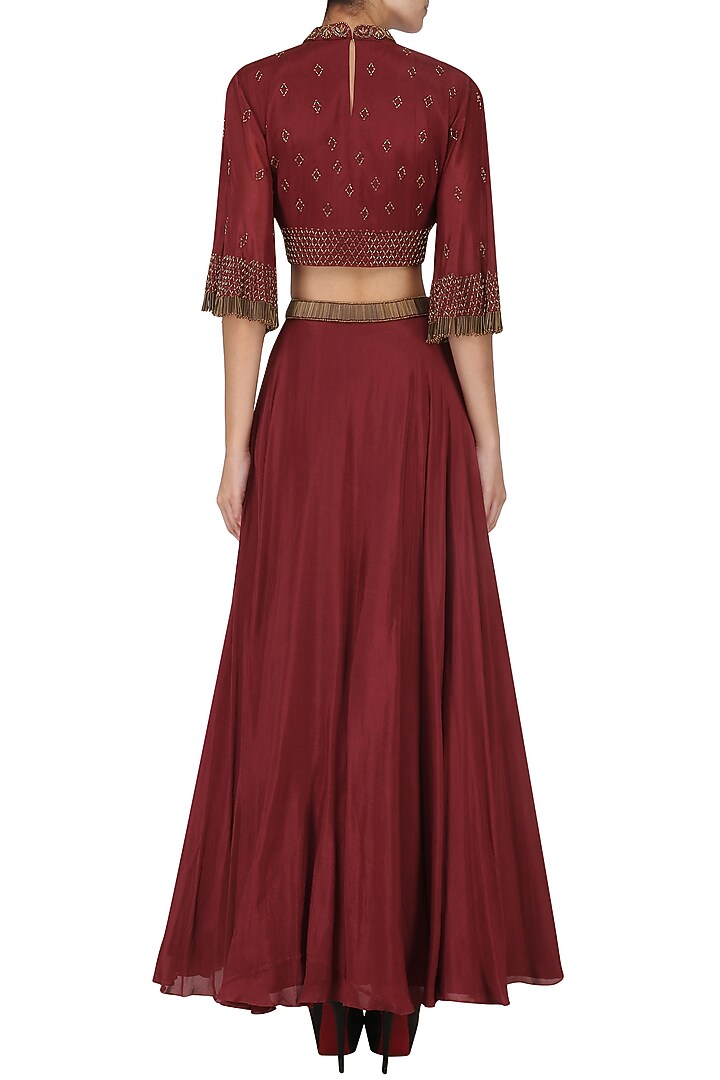 Maroon embroidered crop top with flared skirt available only at Pernia's Pop Up Shop.