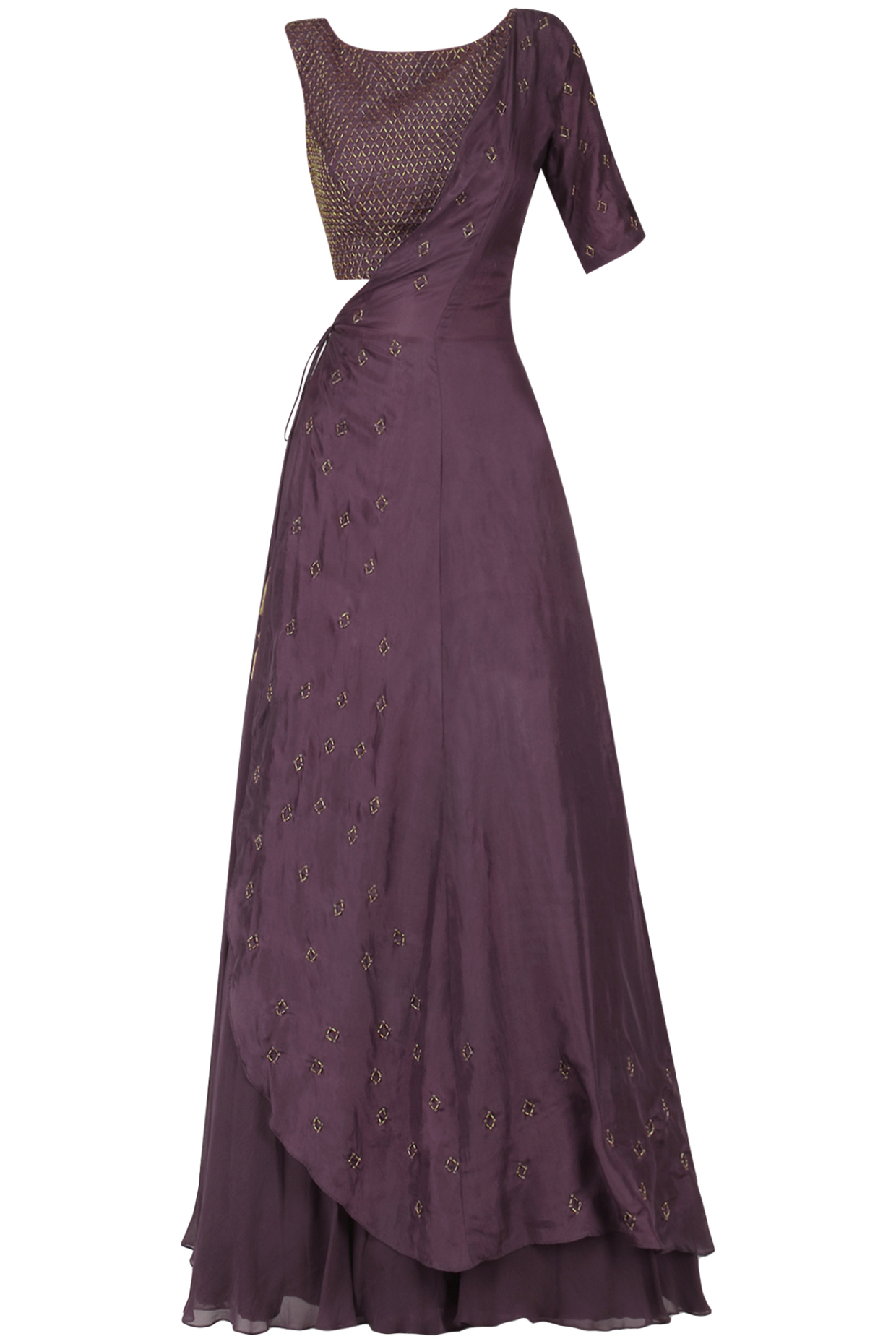 Wine embroidered crop top with flared skirt and jacket set available only at Pernia's Pop Up Shop.