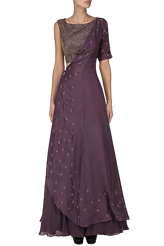 Wine Embroidered Crop Top with Flared Skirt and Jacket Set by Kakandora