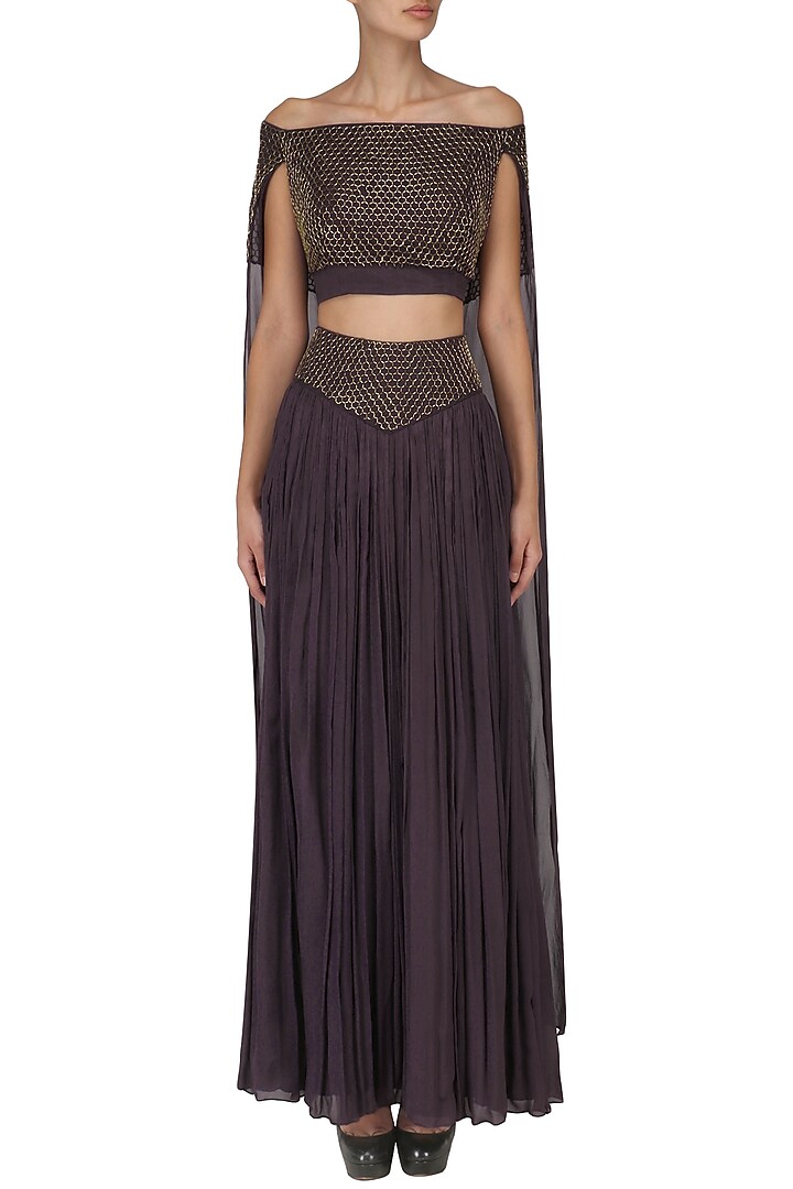 Wine embroidered bardot crop top with gathered skirt available only at Pernia's Pop Up Shop.