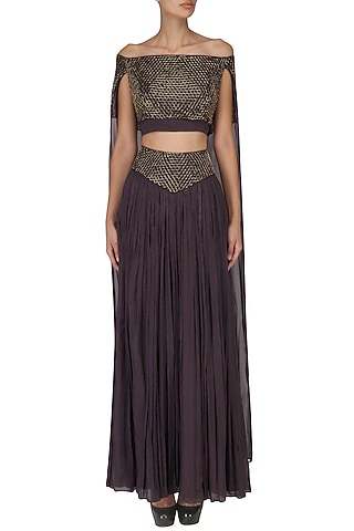 Wine Embroidered Bardot Crop Top with Gathered Skirt by Kakandora