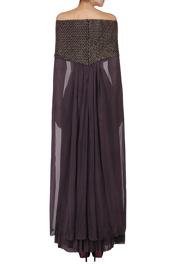 Wine embroidered bardot crop top with gathered skirt available only at Pernia's Pop Up Shop.