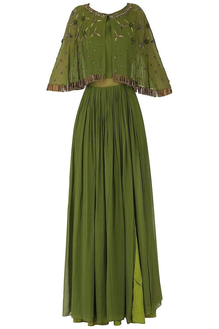 Olive Green Anarkali Gown with Embroidered Cape by Kakandora