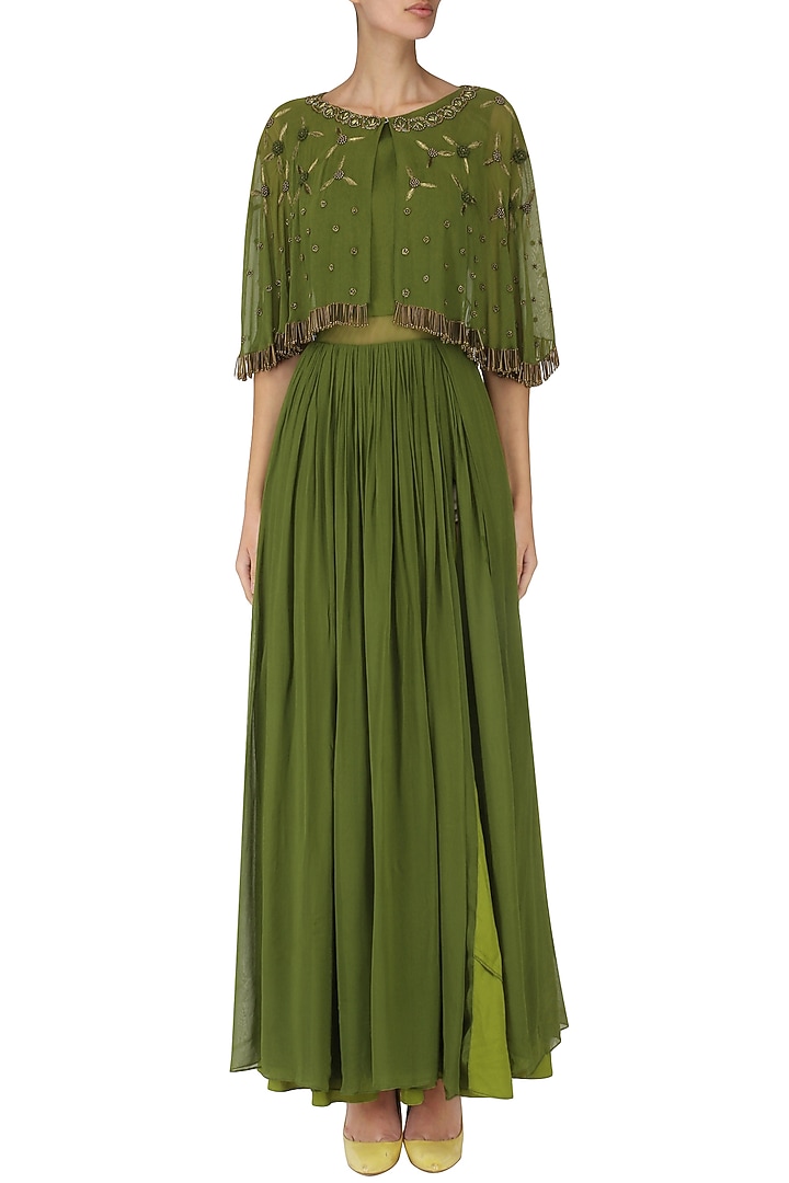 Olive green anarkali gown with embroidered cape available only at Pernia's Pop Up Shop.