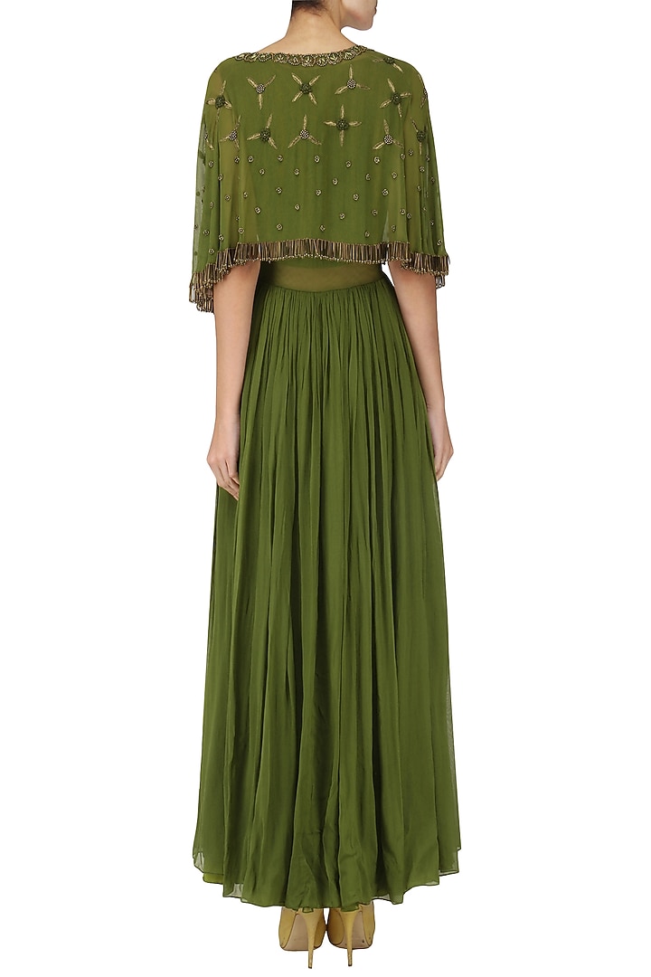 Olive green anarkali gown with embroidered cape available only at Pernia's Pop Up Shop.