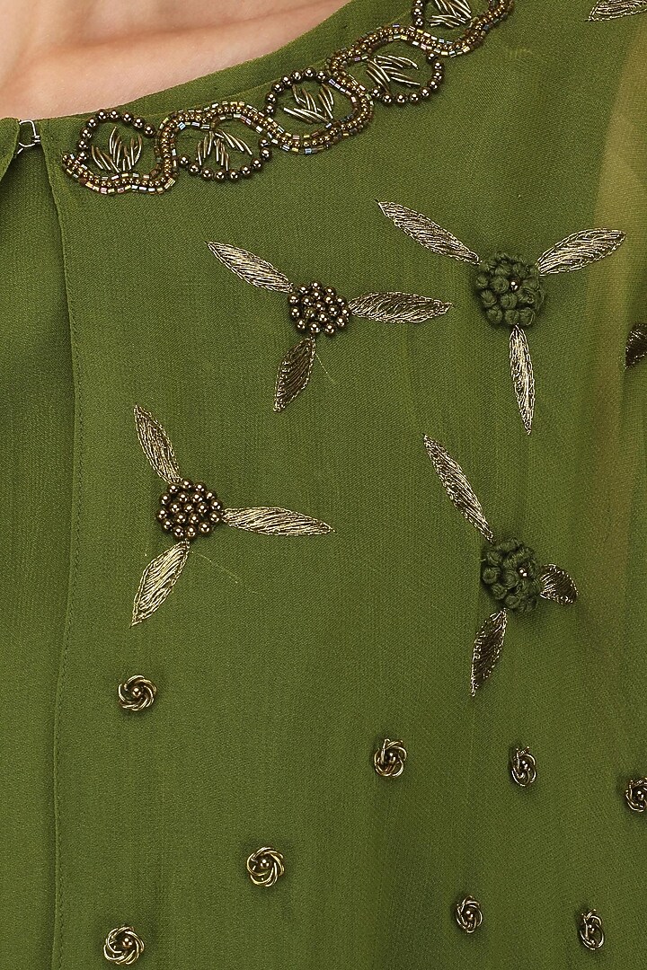 Olive green anarkali gown with embroidered cape available only at Pernia's Pop Up Shop.